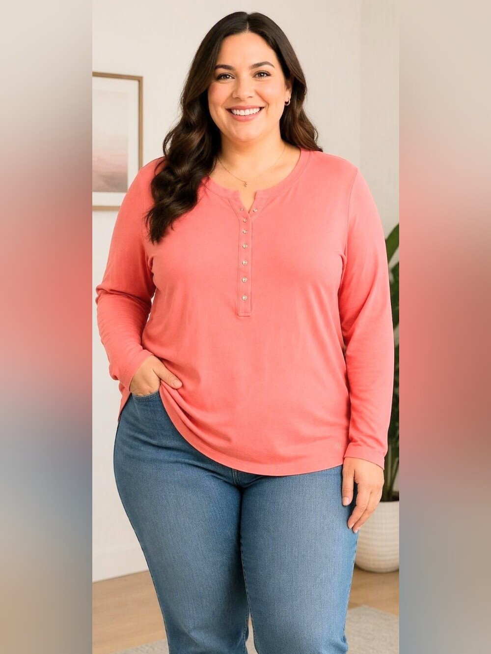 Calvin Klein Coral Pink Cotton Button-Front Long Sleeve Top